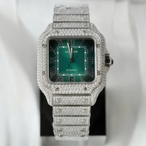 Cartier Santos Green Dial Watch with Custom Moissanite Diamonds